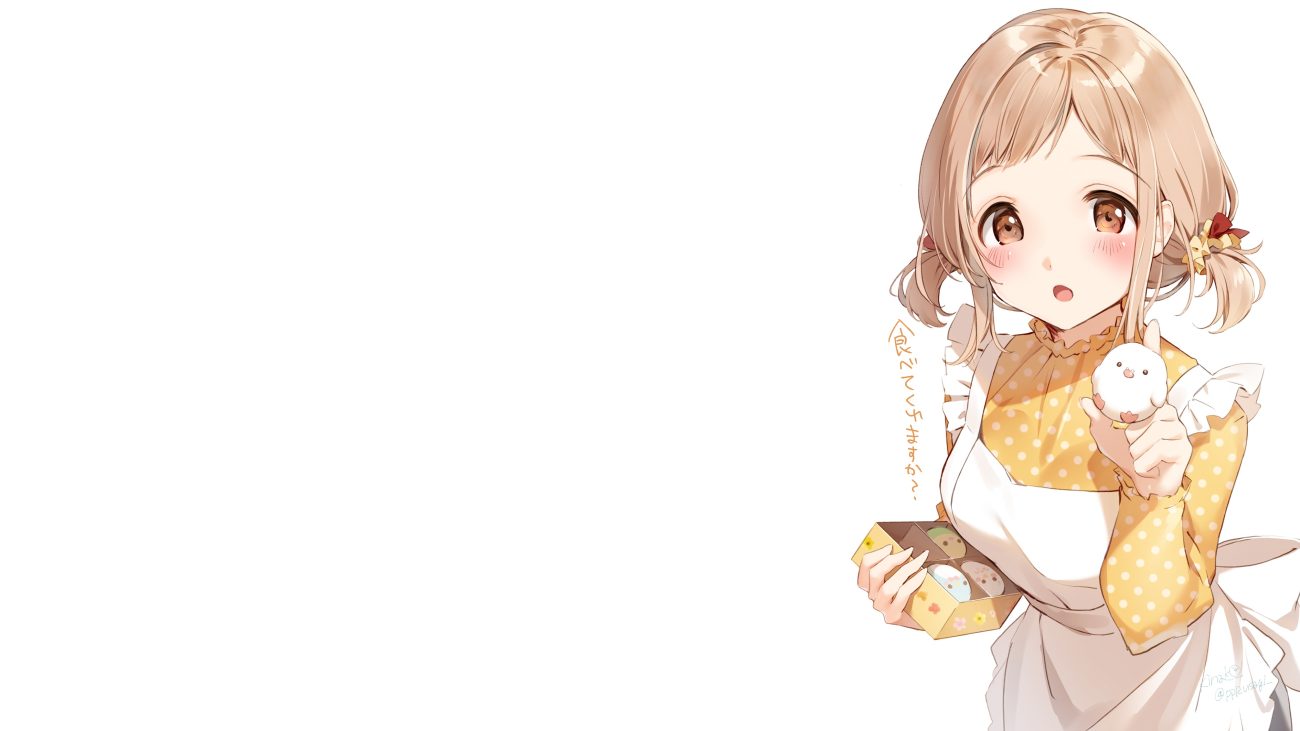 apron blush brown hair food idolmaster idolmaster shiny colors kinako (shiratama mochi) orange eyes sakuragi mano short hair signed twintails white