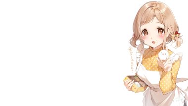 apron blush brown hair food idolmaster idolmaster shiny colors kinako (shiratama mochi) orange eyes sakuragi mano short hair signed twintails white