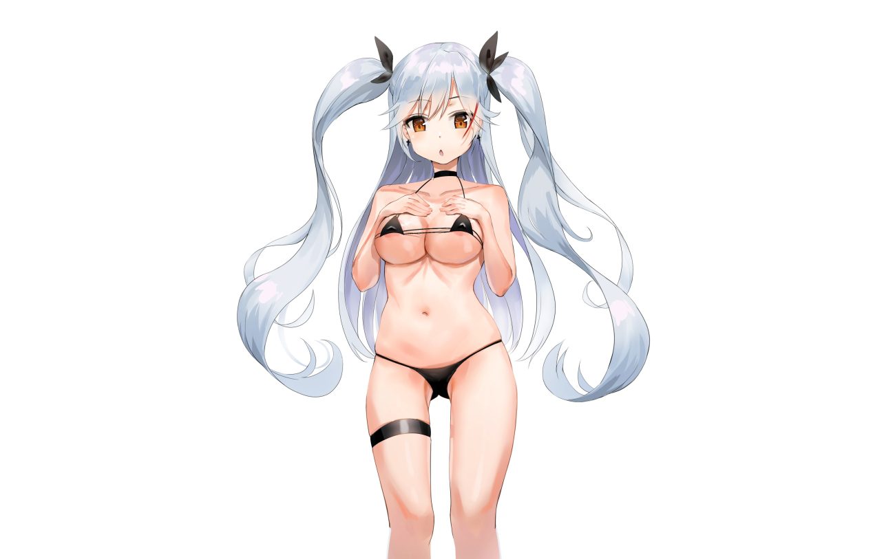 aliasing anthropomorphism aqua hair azur lane bikini breast hold choker erect nipples garter kaian long hair navel prinz eugen (azur lane) swimsuit twintails white yellow eyes