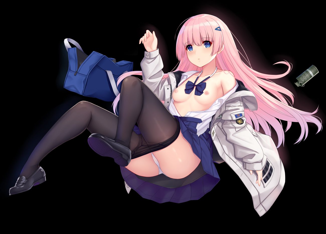 allenes black blue eyes bow breasts long hair nipples no bra open shirt original panties pantyhose pink hair school uniform skirt underwear