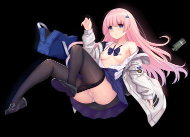 allenes black blue eyes bow breasts long hair nipples no bra open shirt original panties pantyhose pink hair school uniform skirt underwear