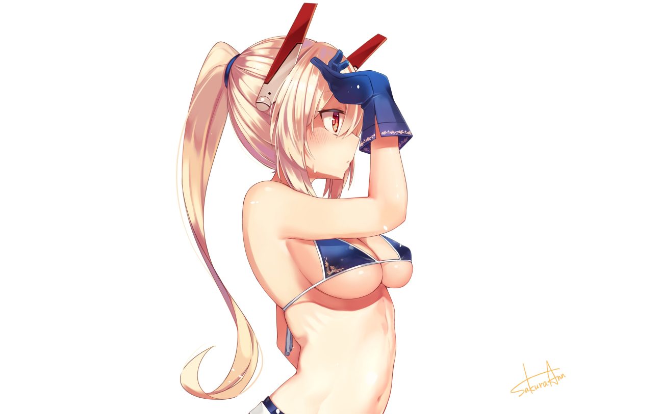 anthropomorphism ayanami (azur lane) azur lane bikini top blonde hair blush gloves long hair navel ponytail red eyes sakura cha signed third-party edit underwear white