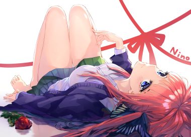 barefoot blue eyes flowers go-toubun no hanayome long hair nakano nino red hair rose school uniform skirt to gemichi