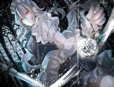 apron bow braids chain gray hair headdress izayoi sakuya jan (lightdragoon) knife long hair maid red eyes ribbons touhou weapon wristwear