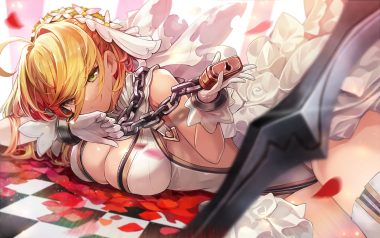 blonde hair breasts chain cleavage fate/grand order fate (series) gloves goomrrat green eyes nero claudius (bride) nero claudius (fate) thighhighs