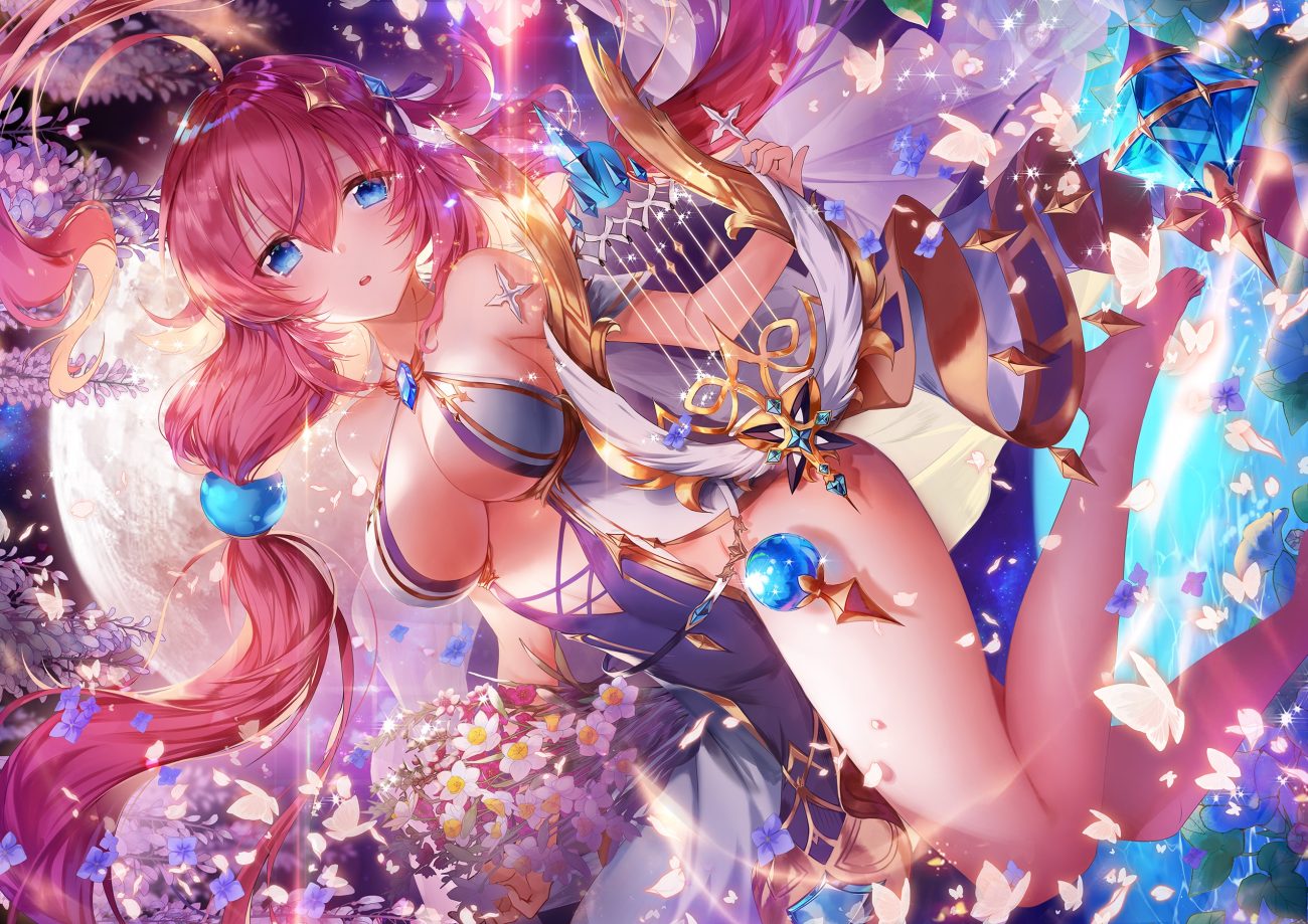 applecaramel (acaramel) barefoot blue eyes breasts butterfly cleavage flowers instrument long hair moon night original pink hair sky twintails