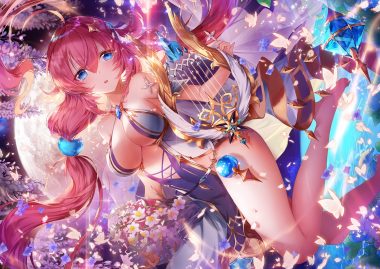 applecaramel (acaramel) barefoot blue eyes breasts butterfly cleavage flowers instrument long hair moon night original pink hair sky twintails