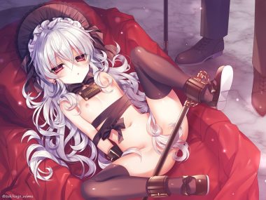 bondage flat chest goth-loli gray hair hat headdress loli lolita fashion long hair navel nipples nude original red eyes shackles spread legs thighhighs tsukikage nemu watermark