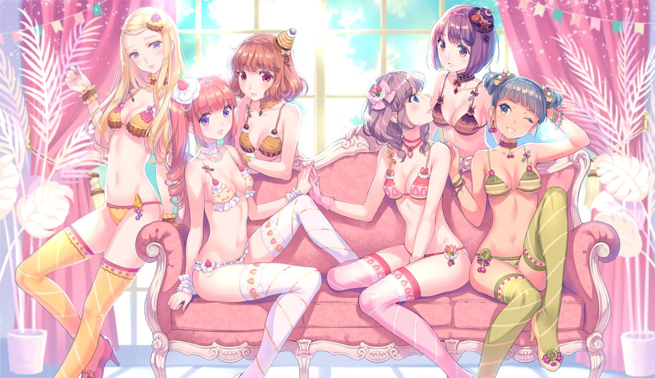 black hair blonde hair blue eyes bra breasts brown hair cleavage couch group hat long hair navel nishimura eri original panties pink hair purple eyes purple hair short hair thighhighs twintails underwear