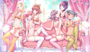 black hair blonde hair blue eyes bra breasts brown hair cleavage couch group hat long hair navel nishimura eri original panties pink hair purple eyes purple hair short hair thighhighs twintails underwear