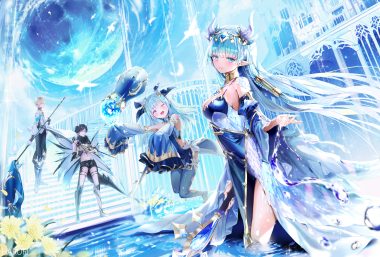 2girls aliasing black hair blonde hair blush bubbles building dress green eyes green hair group haruri king's raid laias (king's raid) lilia (king's raid) lucias (king's red) male neraxis (king's raid) pointed ears short hair staff stairs thighhighs water watermark weapon wings wink