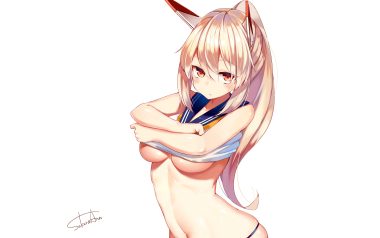 anthropomorphism ayanami (azur lane) azur lane blonde hair blush breasts long hair navel panties ponytail red eyes sakura cha signed third-party edit underboob underwear undressing white