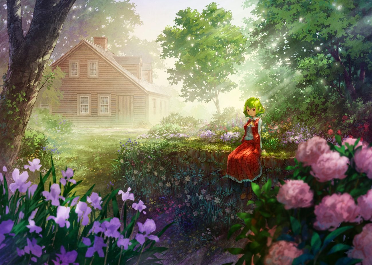 building flowers grass green green hair kazami yuuka miso pan red eyes scenic shade short hair skirt touhou tree