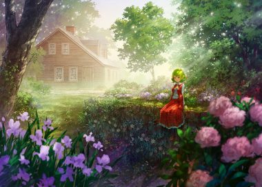 building flowers grass green green hair kazami yuuka miso pan red eyes scenic shade short hair skirt touhou tree