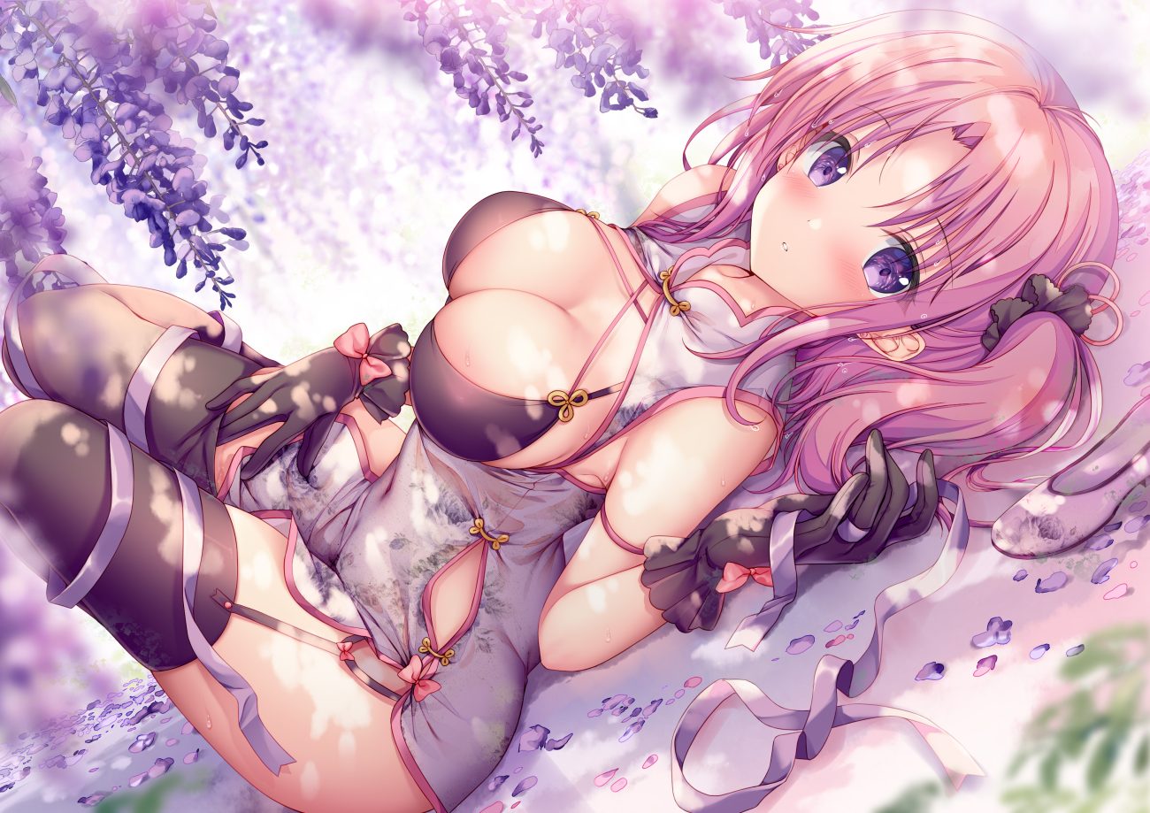 breasts chinese clothes chinese dress cleavage dress flowers garter belt gloves izumi kaori (sousouman) long hair original petals pink hair ponytail purple eyes ribbons sousouman thighhighs wet