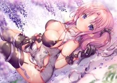 breasts chinese clothes chinese dress cleavage dress flowers garter belt gloves izumi kaori (sousouman) long hair original petals pink hair ponytail purple eyes ribbons sousouman thighhighs wet