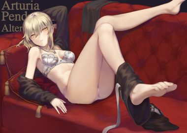 artoria pendragon (all) barefoot blonde hair bra breasts cleavage couch cross fate/grand order fate (series) mashu 003 necklace saber saber alter short hair shorts underwear undressing yellow eyes
