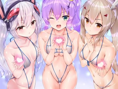amasora taichi animal ears anthropomorphism ayanami (azur lane) azur lane bandaid bikini breast hold breasts brown eyes bunny ears green eyes headband heart javelin (azur lane) jpeg artifacts laffey (azur lane) long hair navel orange eyes ponytail purple hair red eyes swimsuit twintails white hair wink