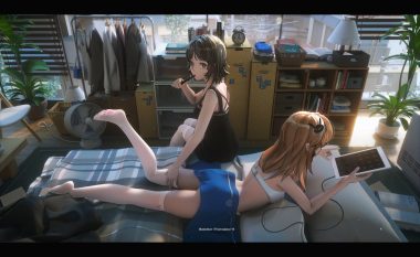 2girls bed blonde hair blue eyes brown hair computer ibara dance long hair original short hair thighhighs underwear watermark