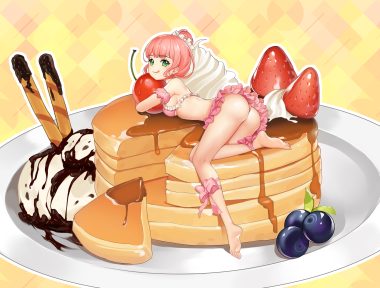 ass bang dream! barefoot bow breasts candy cherry chocolate food fruit green eyes hpb8642 ice cream pink hair ribbons short hair skirt strawberry uehara himari