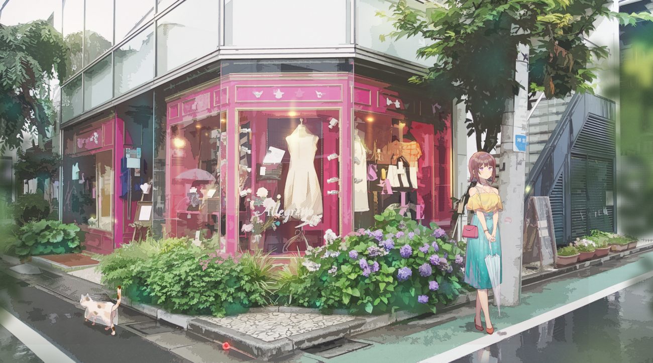 animal brown eyes brown hair building cat domotolain dress flowers leaves original reflection short hair skirt stairs tree umbrella