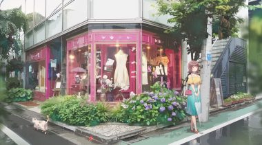 animal brown eyes brown hair building cat domotolain dress flowers leaves original reflection short hair skirt stairs tree umbrella