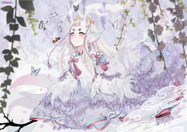 all male animal ears blush butterfly crown feathers flowers horns japanese clothes leaves long hair male mia0309 onmyouji petals shishio (onmyouji) watermark white hair yellow eyes
