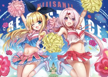 akabane (zebrasmise) aliasing blonde hair blush breasts cat smile cheerleader clouds flowers green eyes hanabatake chaika kneehighs long hair male mononobe alice navel nijisanji otoko no ko pink eyes pink hair pointed ears ponytail shiina yuika skirt sky sunglasses wink