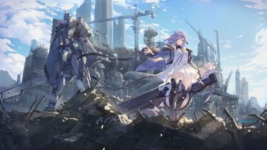 building city clouds criin dress iron saga long hair mecha purple eyes purple hair ruins signed sky teresa (iron saga) thighhighs weapon