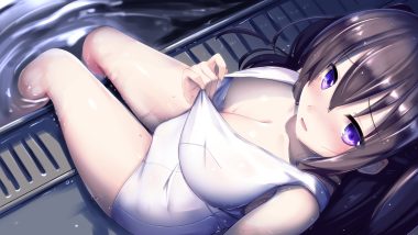 breasts brown hair cleavage long hair nipples original pool purple eyes school swimsuit swimsuit totsuka habari water wet