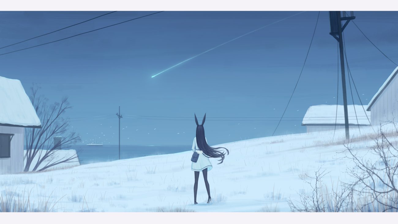 animal ears black hair boat building bunny ears bunnygirl long hair original pantyhose scenic sky snow water yao ren gui
