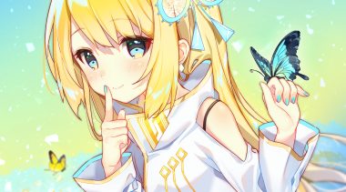 blonde hair blue eyes blush butterfly close cona kinaco gradient long hair original ponytail