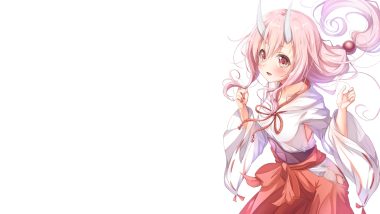 blush demon headdress horns japanese clothes long hair matokechi miko pink eyes pink hair ponytail shuna (tensei shitara slime datta ken) tensei shitara slime datta ken white