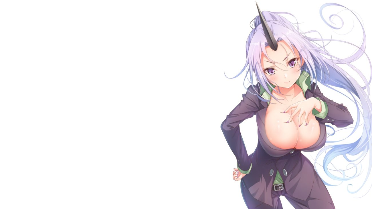 breasts cleavage horns long hair matokechi ponytail purple eyes purple hair shion (tensei shitara slime datta ken) tensei shitara slime datta ken white