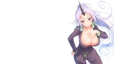 breasts cleavage horns long hair matokechi ponytail purple eyes purple hair shion (tensei shitara slime datta ken) tensei shitara slime datta ken white