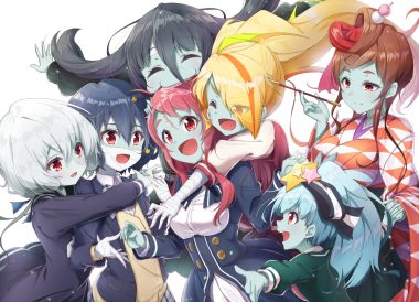 aqua hair bandage black hair blonde hair blue hair brown hair gray hair group headdress hoshikawa lily japanese clothes kimono konno junko long hair matokechi minamoto sakura mizuno ai nikaido saki pink hair red eyes scar school uniform short hair stars yamada tae yuugiri (zombieland saga) zombie land saga