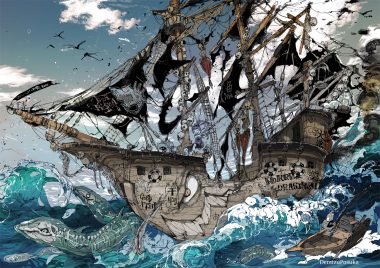 animal blue hair boat bones clouds demizu posuka fish long hair original ponytail skull sky swim ring water watermark