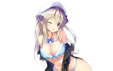 blonde hair blush breasts cleavage green eyes hat long hair mitsuhamochi original third-party edit underwear undressing white wink