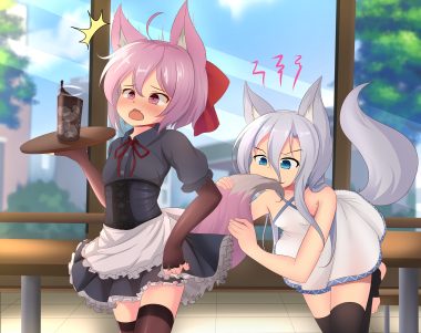 2girls animal ears blush dress drink elbow gloves fang gloves hotel01 original summer dress tail thighhighs waitress wolfgirl