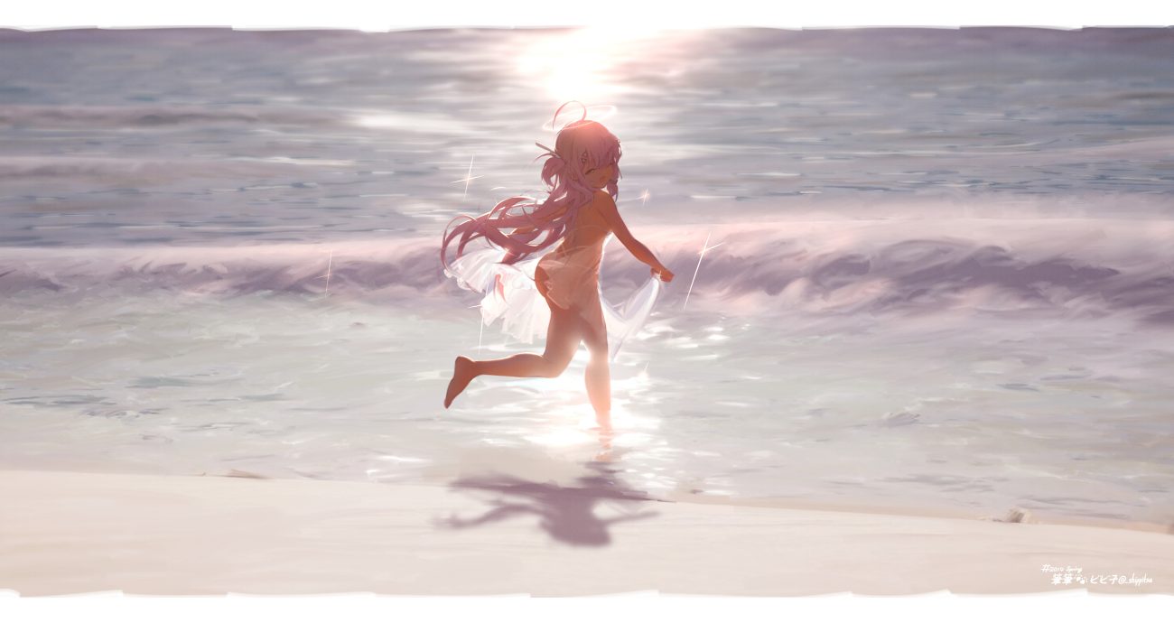 ass barefoot beach bikini dress loli long hair purple hair red eyes see through shippitsu summer dress swimsuit water wink yumeno shiori yumeno shiori channel