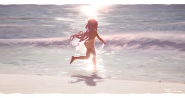 ass barefoot beach bikini dress loli long hair purple hair red eyes see through shippitsu summer dress swimsuit water wink yumeno shiori yumeno shiori channel