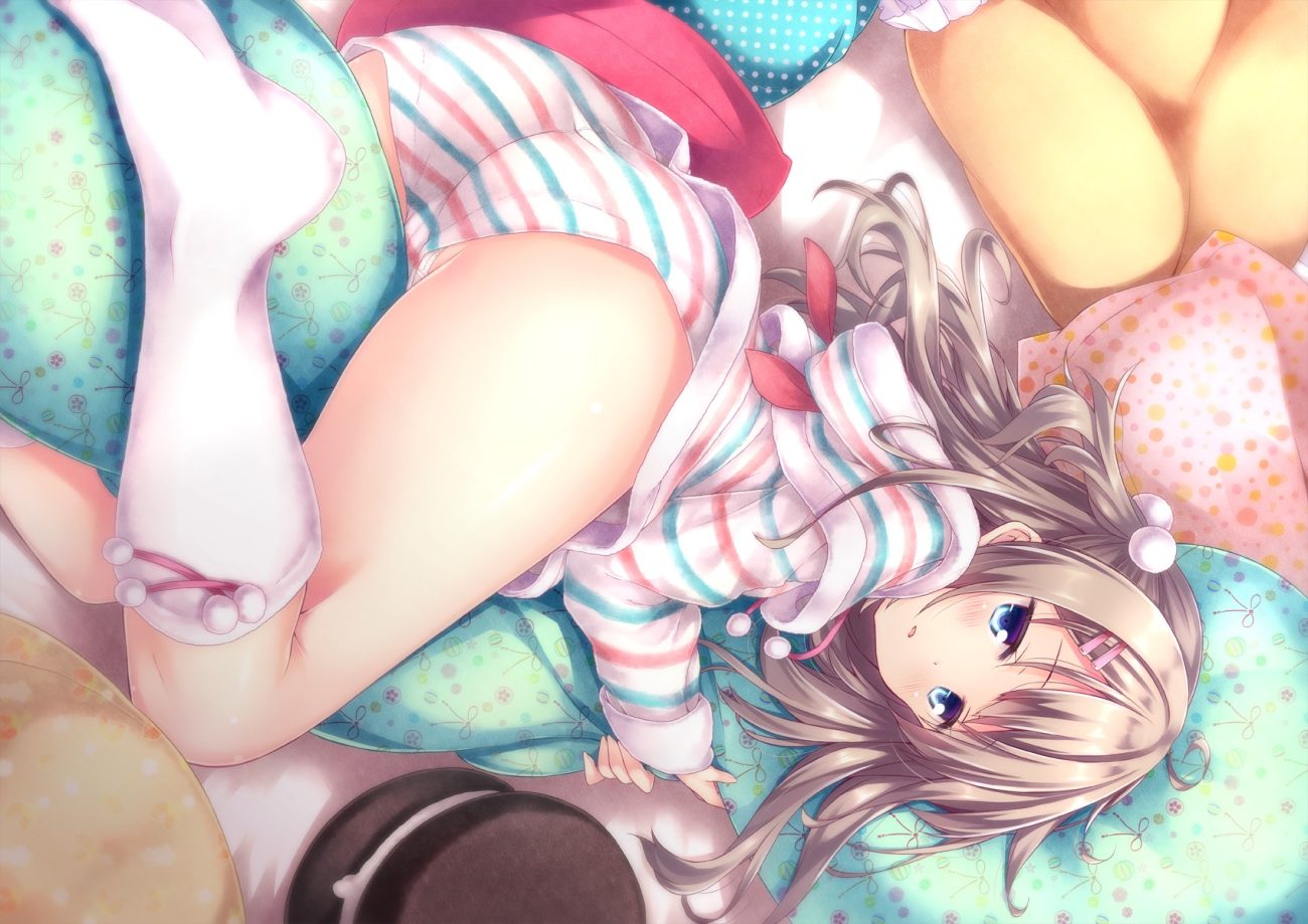 aqua eyes ass bed blush brown hair hood hug kneehighs long hair original pajamas ryo shorts twintails