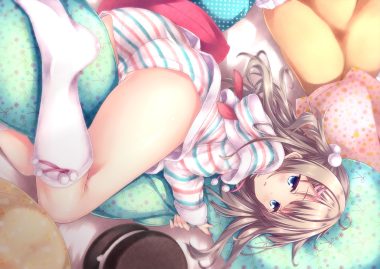 aqua eyes ass bed blush brown hair hood hug kneehighs long hair original pajamas ryo shorts twintails