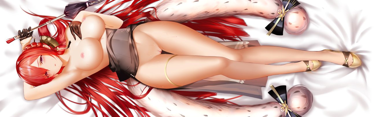 anthropomorphism an yasuri azur lane blush breasts gloves long hair monarch (azur lane) navel nipples pussy red hair umbrella uncensored