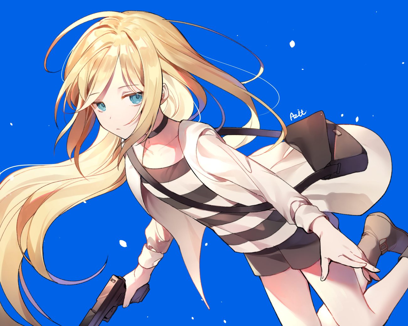 azit (down) blonde hair blue blue eyes boots choker gun long hair rachel gardner satsuriku no tenshi shorts signed weapon