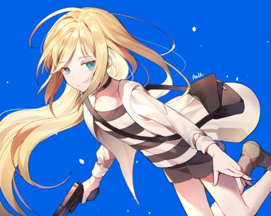 azit (down) blonde hair blue blue eyes boots choker gun long hair rachel gardner satsuriku no tenshi shorts signed weapon