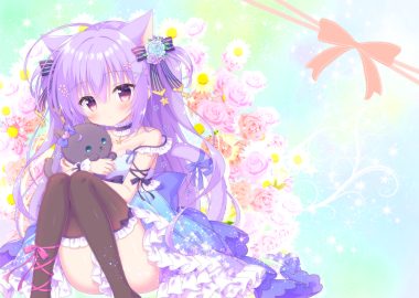 animal animal ears bow cat catgirl choker dress flowers kamishiro piyo lolita fashion long hair original purple eyes purple hair rose tail thighhighs