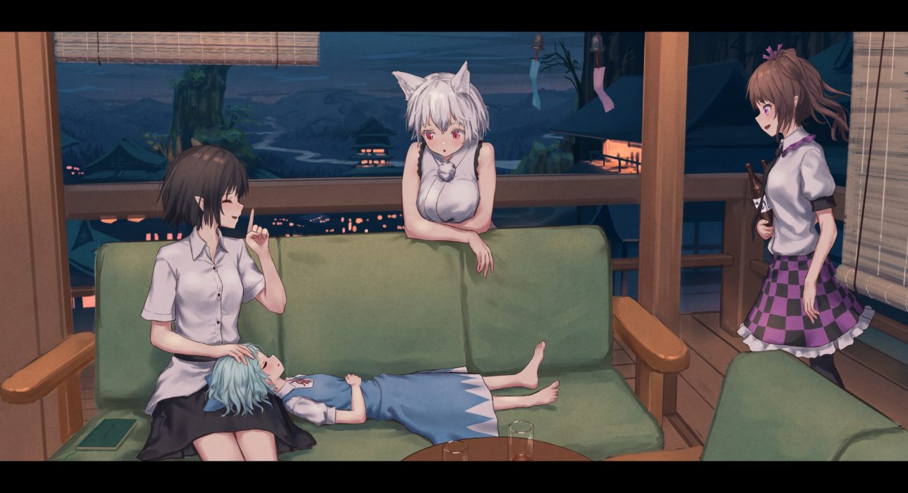 animal ears barefoot cirno couch dress drink group himekaidou hatate inubashiri momiji night pointed ears roke (taikodon) shameimaru aya sleeping touhou wolfgirl