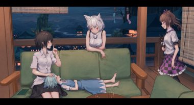 animal ears barefoot cirno couch dress drink group himekaidou hatate inubashiri momiji night pointed ears roke (taikodon) shameimaru aya sleeping touhou wolfgirl