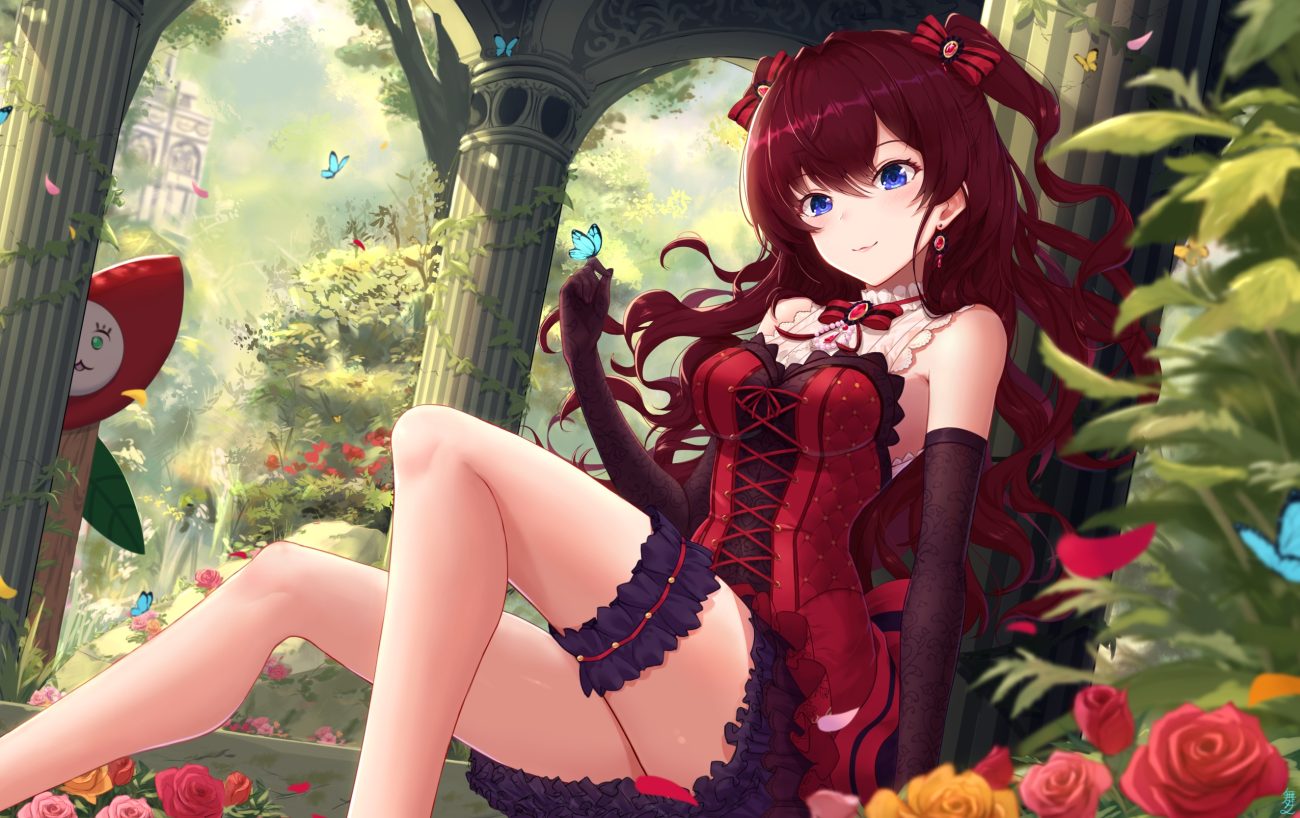 blue eyes bow butterfly cat smile elbow gloves flowers garter gloves goth-loli green ichinose shiki idolmaster idolmaster cinderella girls leaves lolita fashion long hair maitake (maitake1234) red hair rose skirt twintails